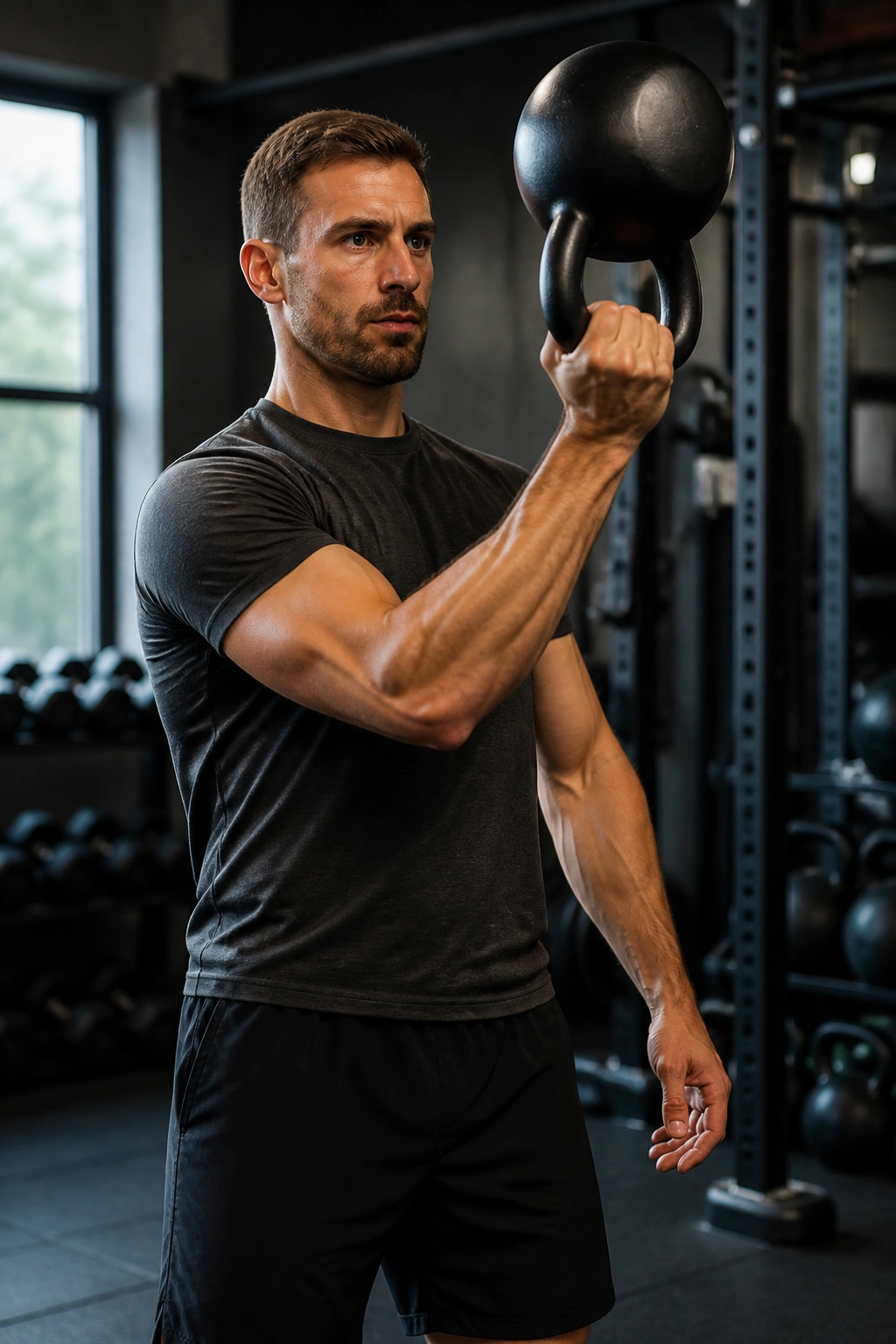 Close-up of a forearm and kettlebell in bottoms-up position, highlighting stability