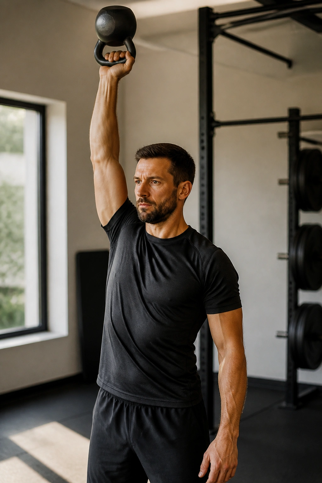 Medium close-up of a person pressing a bottoms-up kettlebell overhead