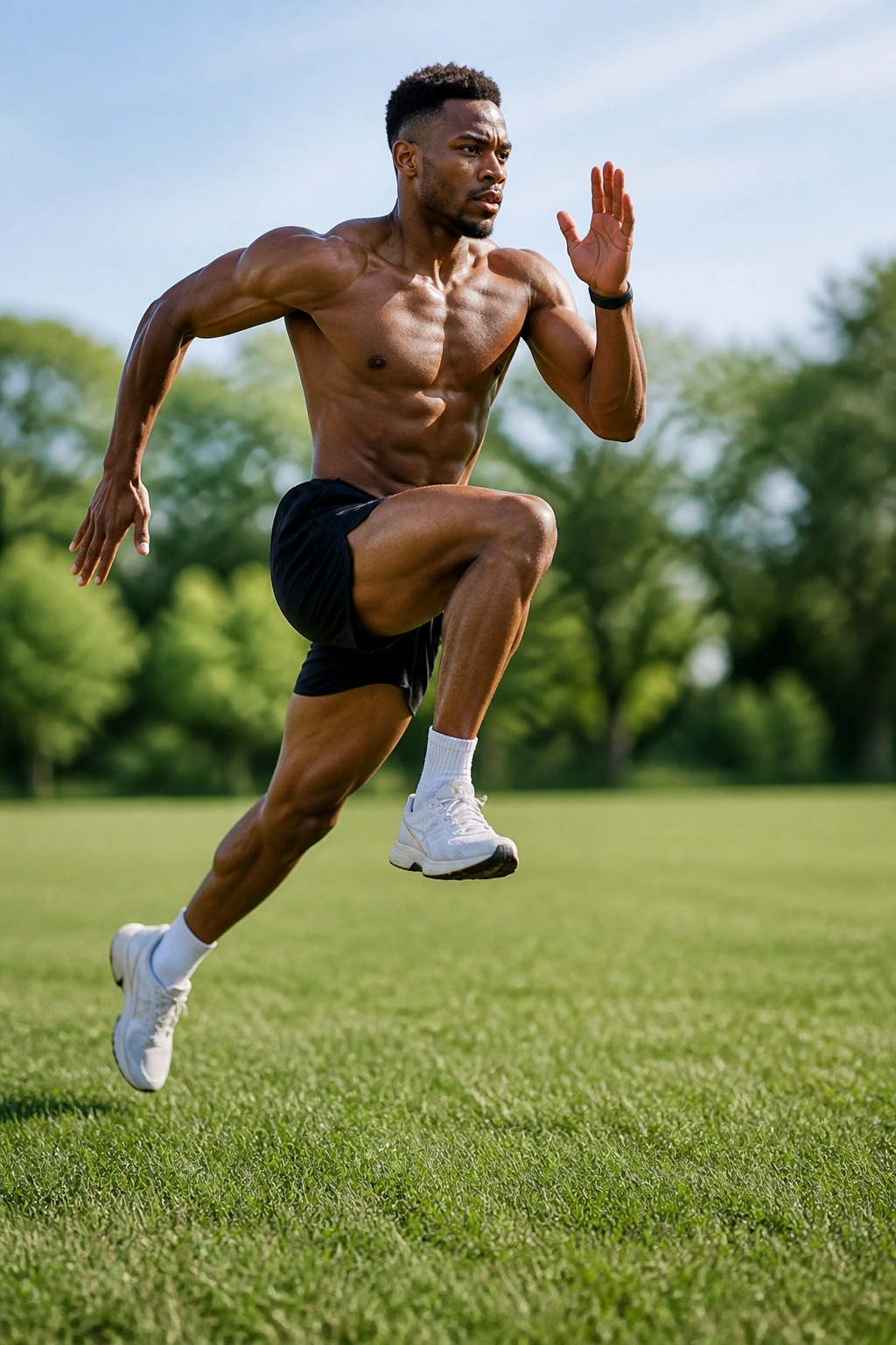 Athlete bounding on grass during sprint drill