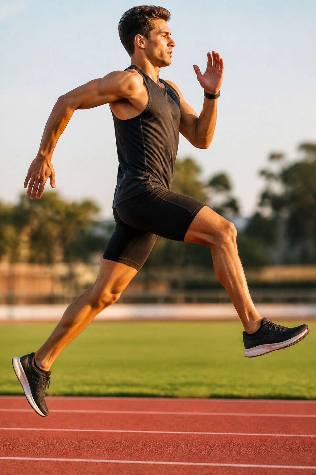 Close-up of a real runner performing a bound on a grassy track with warm sunlight