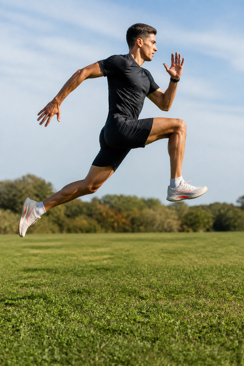 Runner performing bounding drill on grass