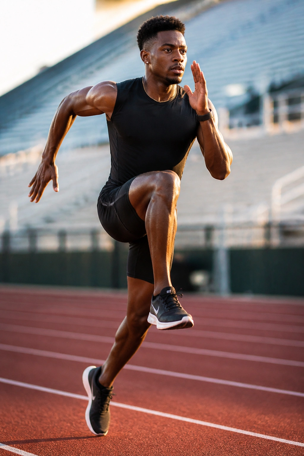 Athlete bounding on track mid-air emphasizing sprint stride length