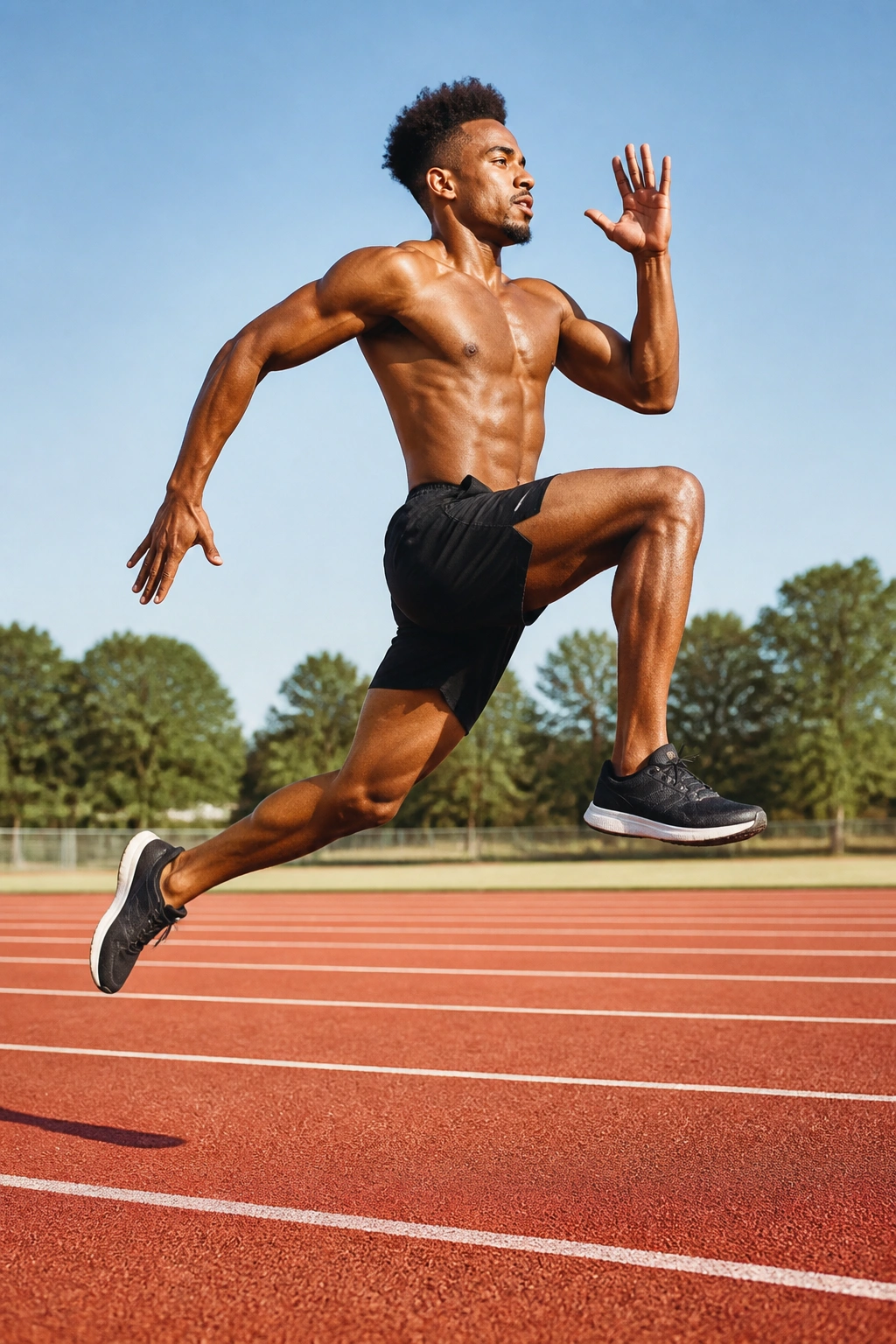 Athlete bounding forward with long stride on outdoor track
