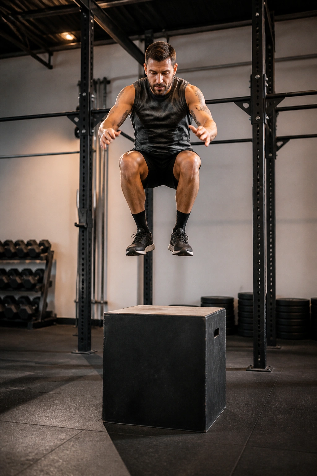 Athlete performing box jump in gym, landing on a box in action