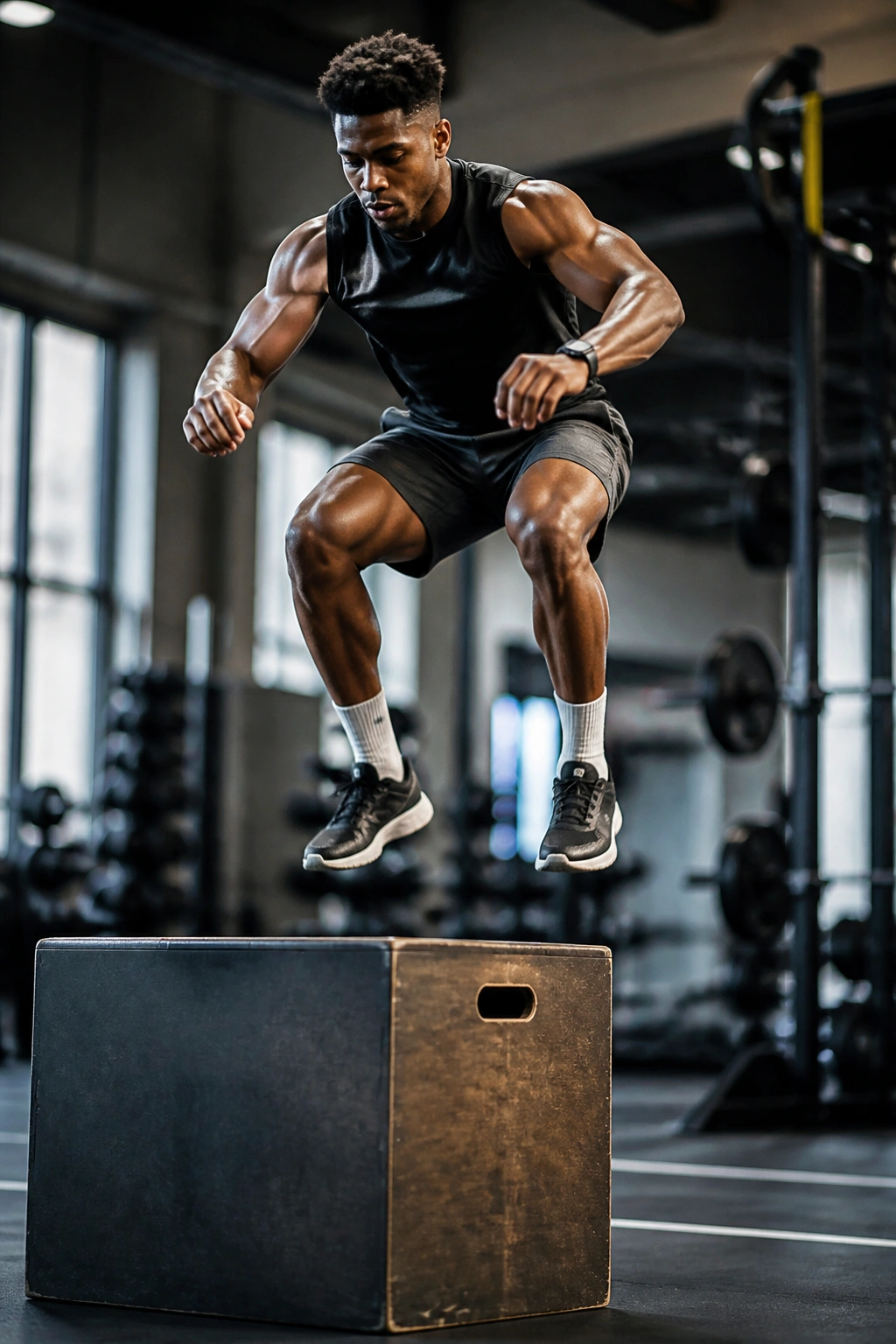 Athlete performing box jump in gym for power session
