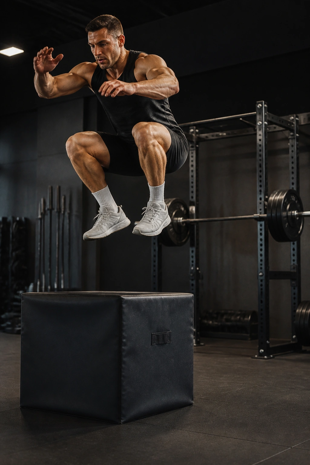 Athlete performing box jump before heavy back squat in gym