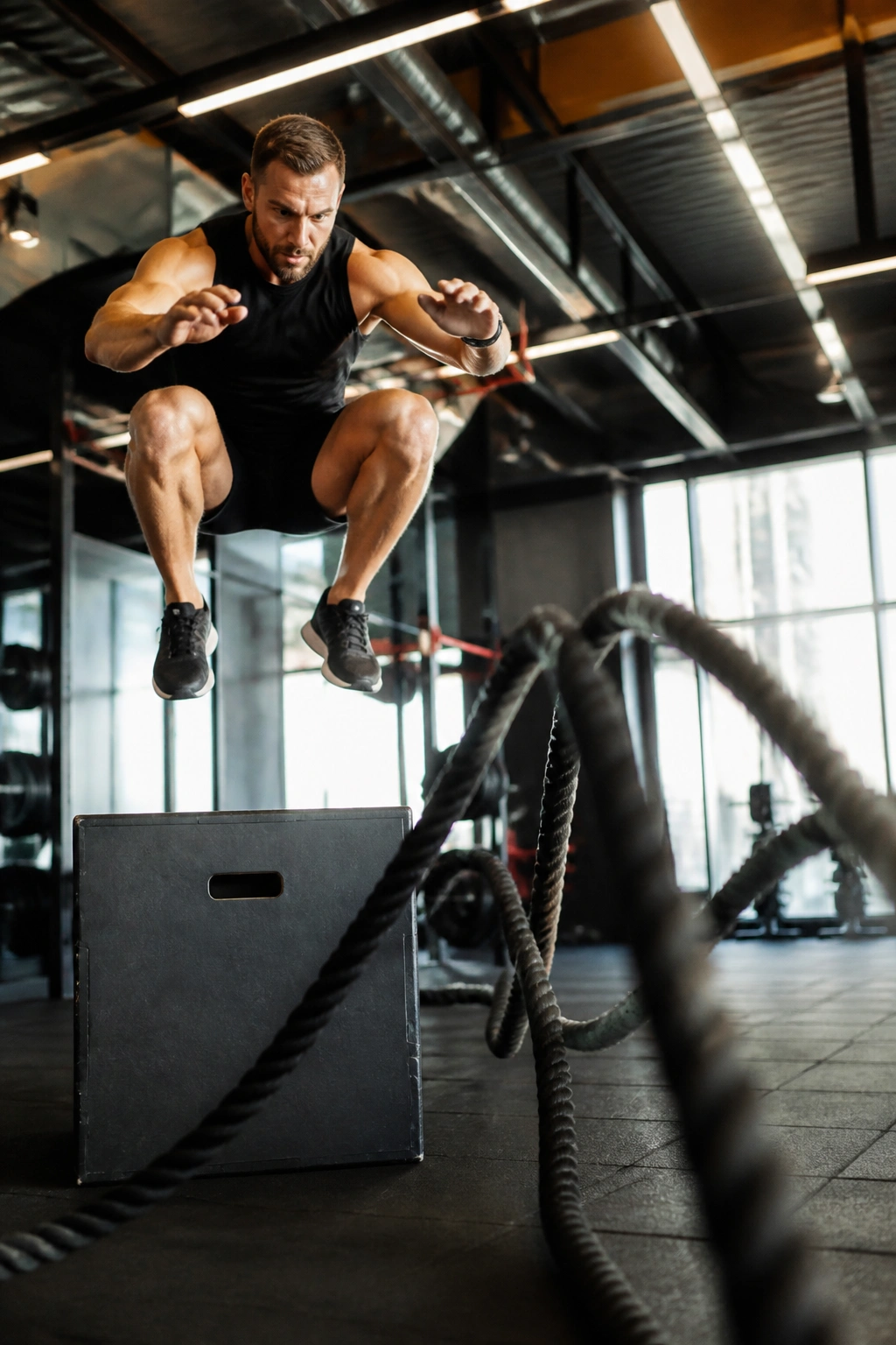 Athlete performing box jump with battle ropes in gym