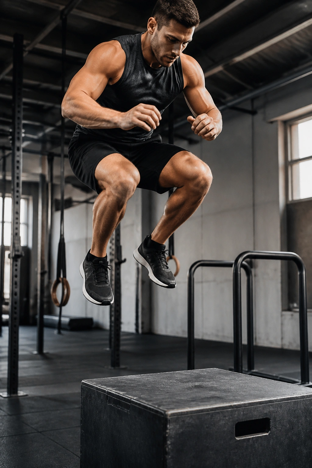 Close-up of an athlete performing a box jump with a dip station in the gym background