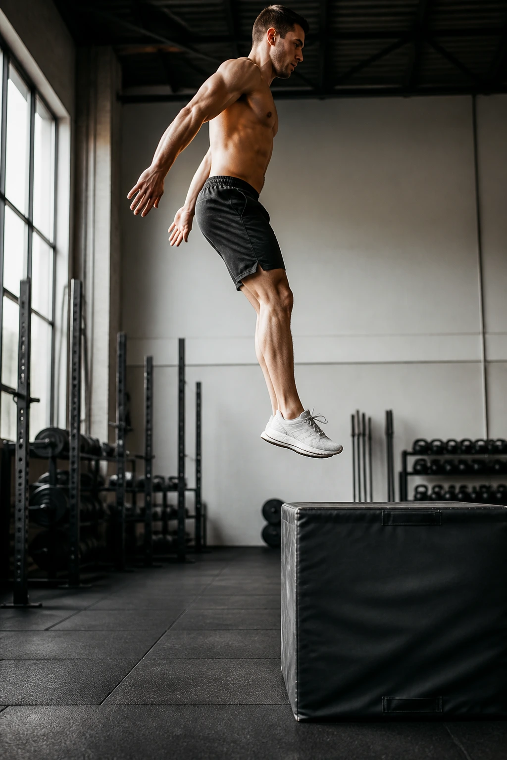 Athlete performing elevated box jump mid-air with box in frame