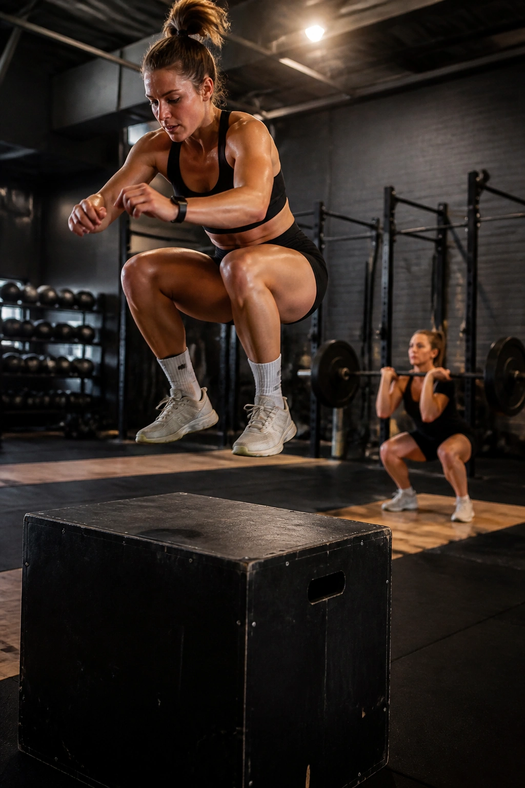 Athlete performing box jump with heavy lifting visible in background