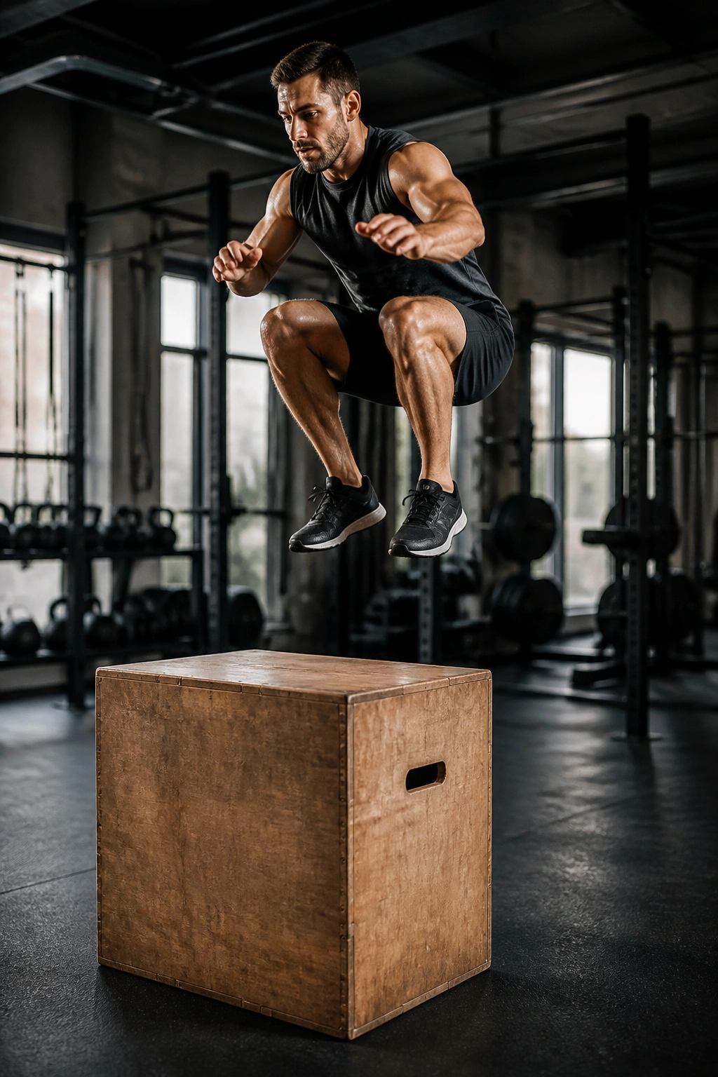 Athlete performing a box jump in a gym with a plyo box