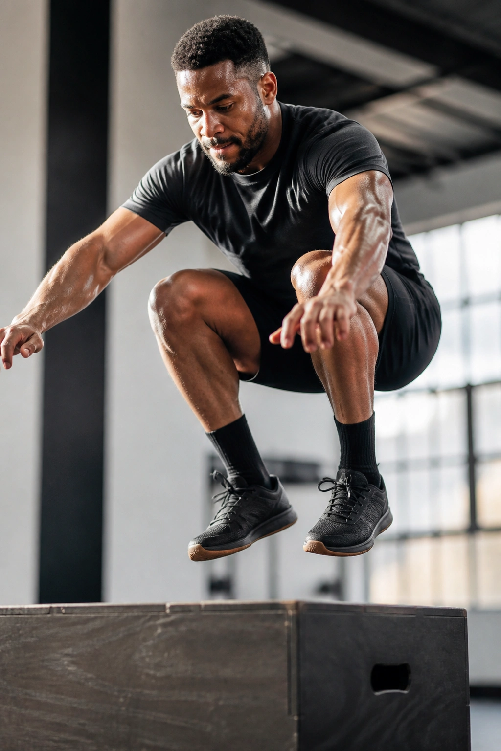 Athlete mid-box jump in gym, power-focused workout