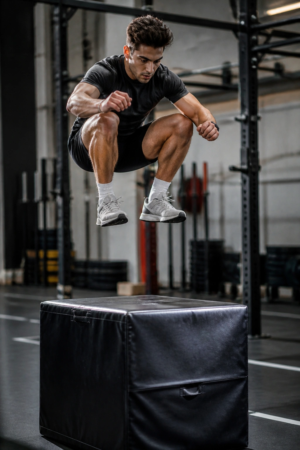 Athlete performing box jumps for power in gym