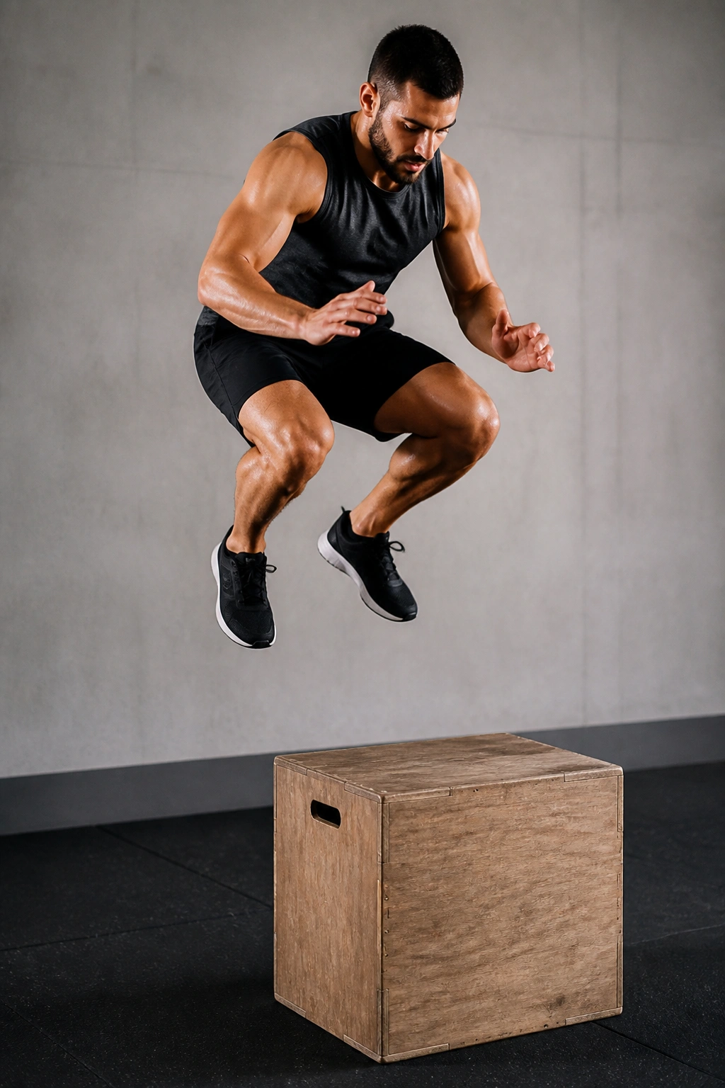 Real athlete performing plyometric box jump in gym