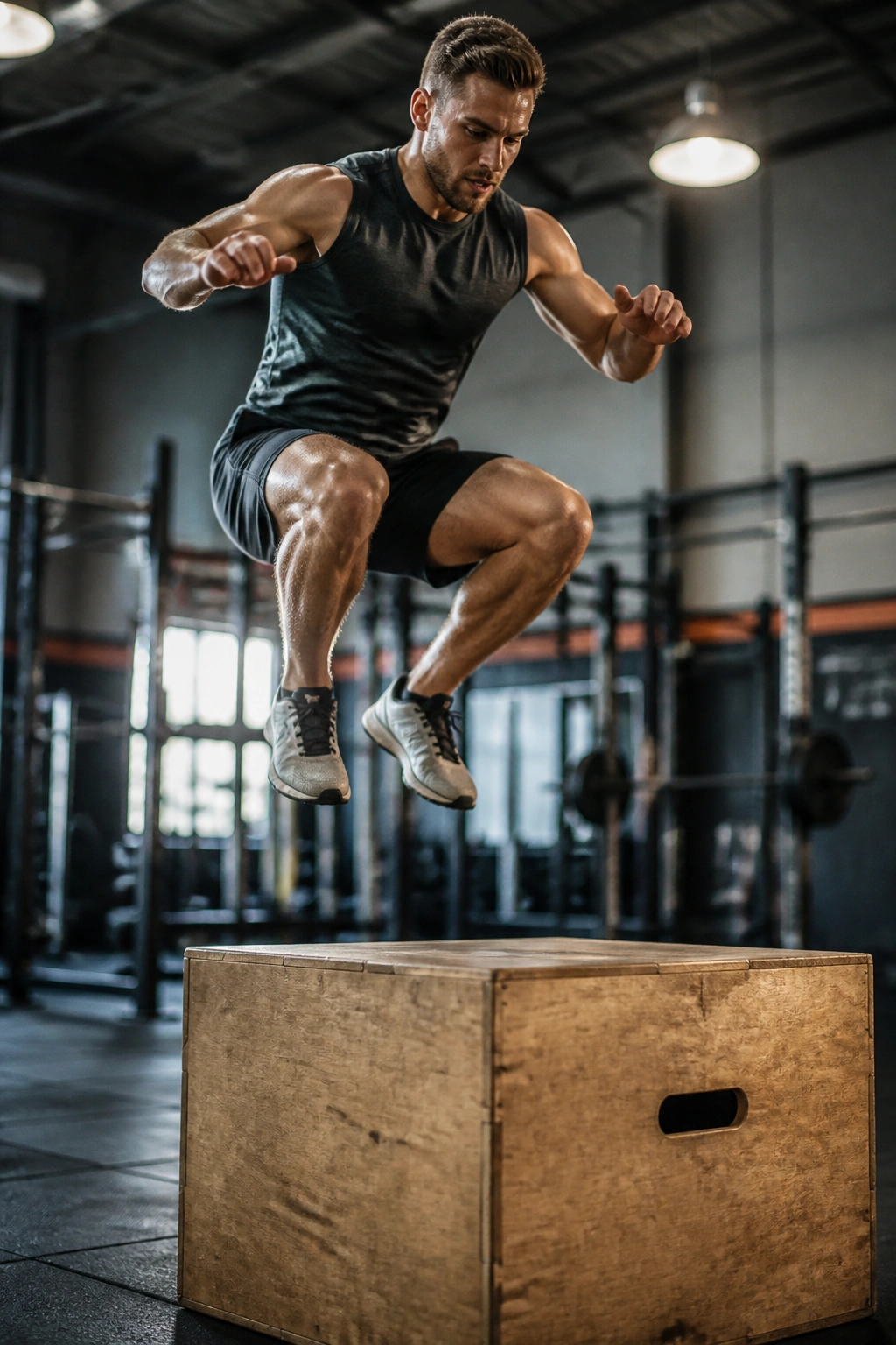 Athlete performing explosive box jump in gym
