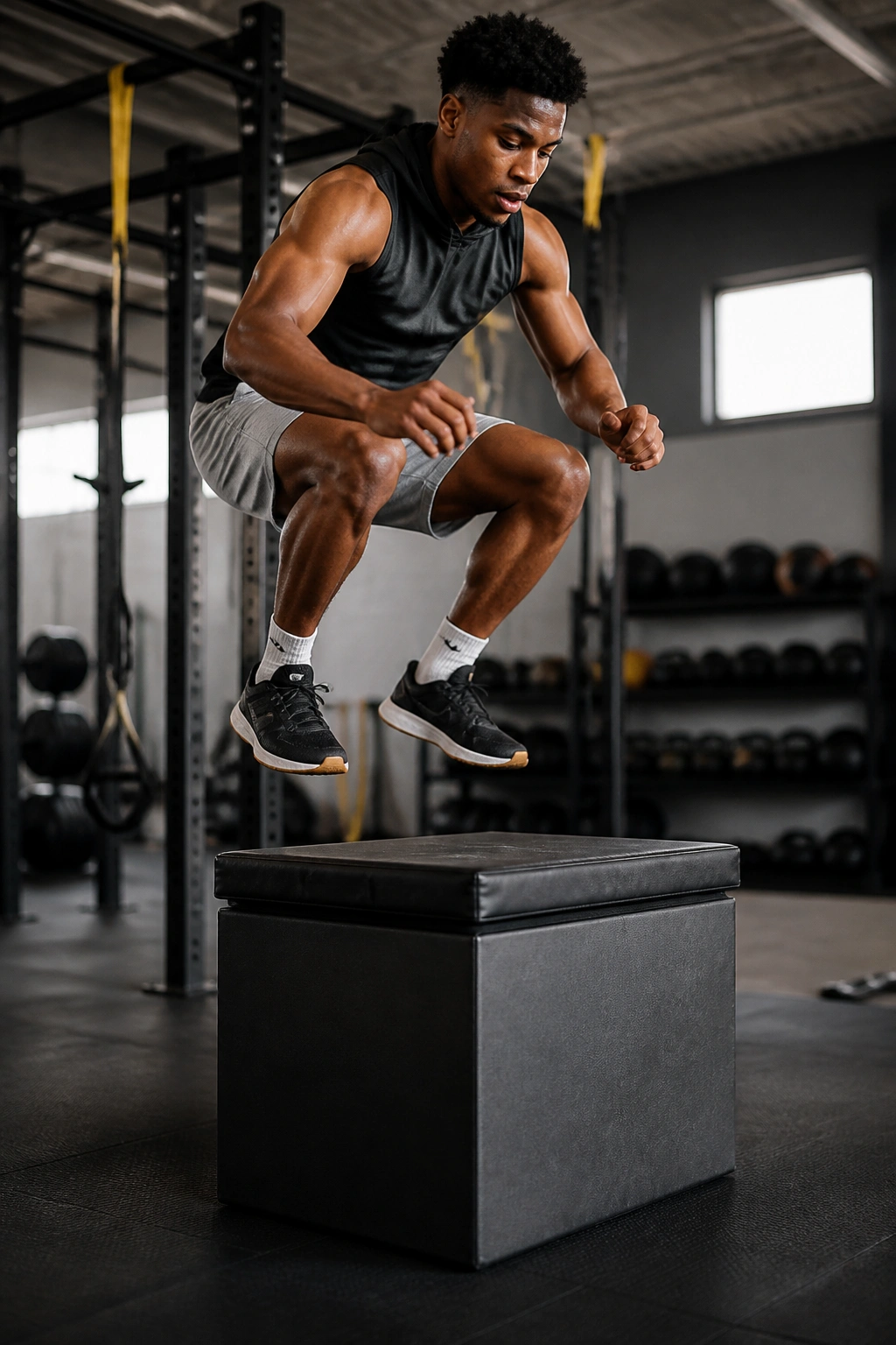 Athlete performing box jump in gym