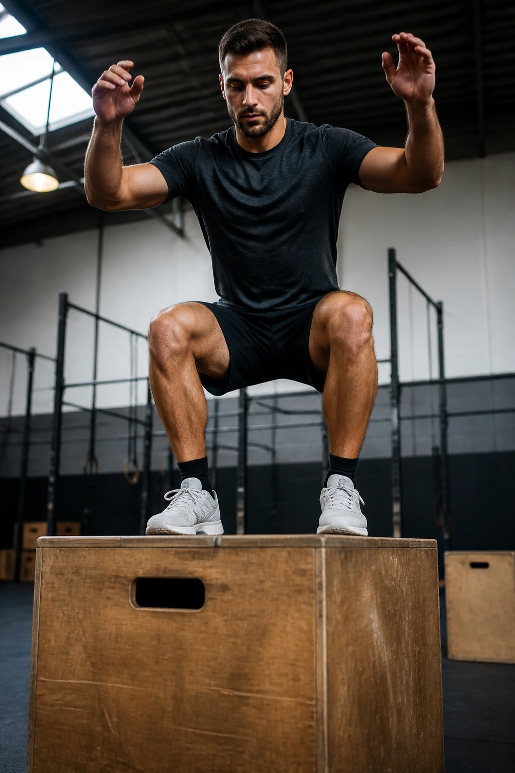Athlete landing on a box during a box jump in gym