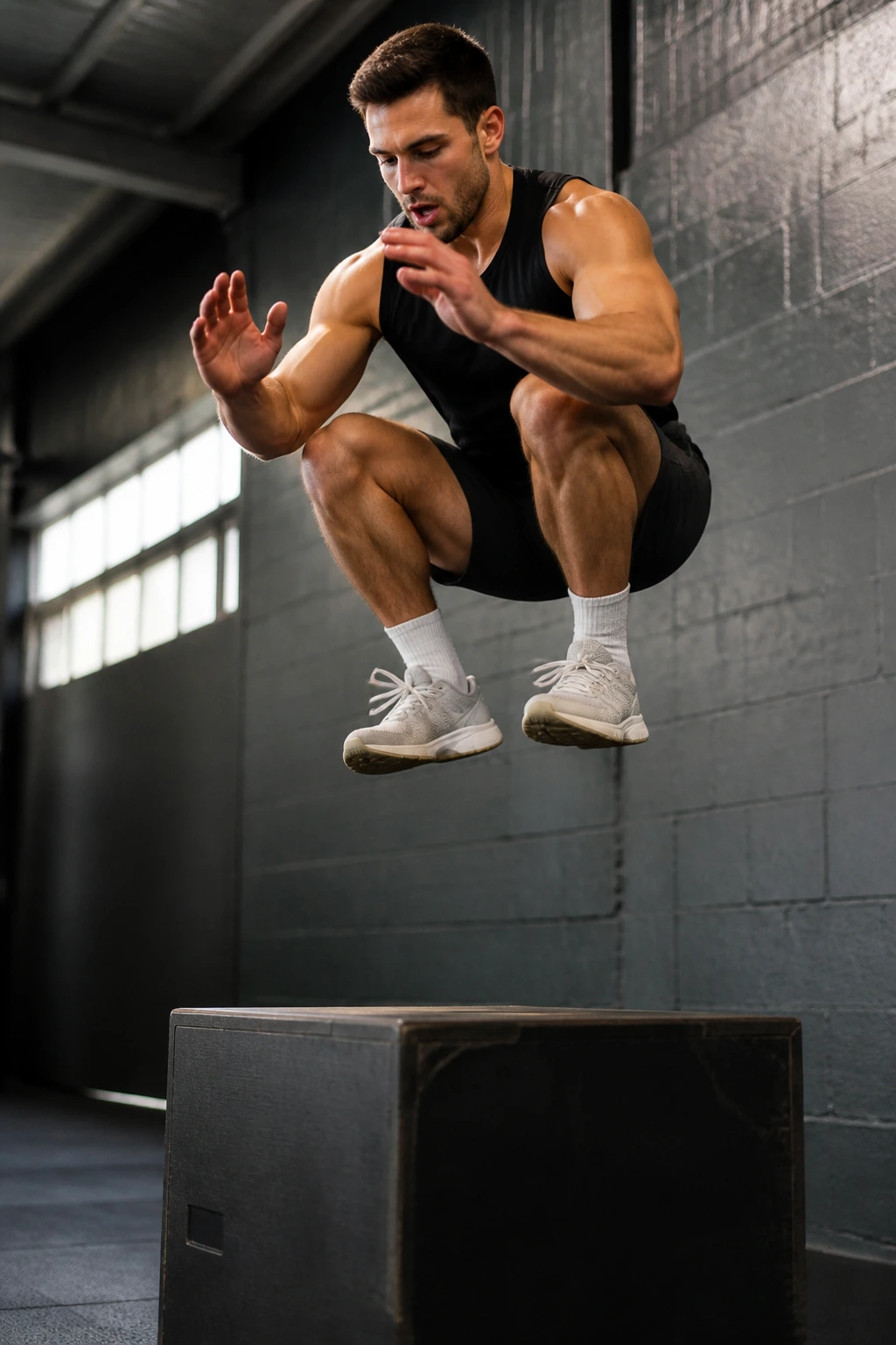 Athlete performing box jump with soft landing in a gym.