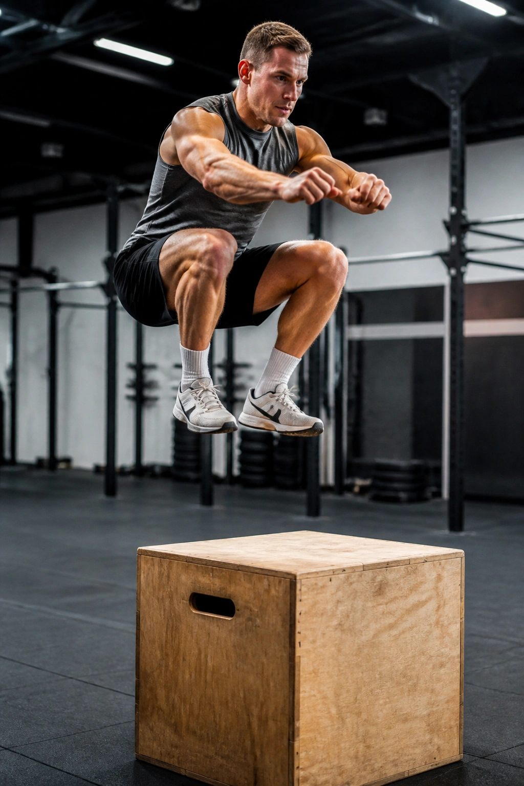 Athlete performing a box jump in a gym