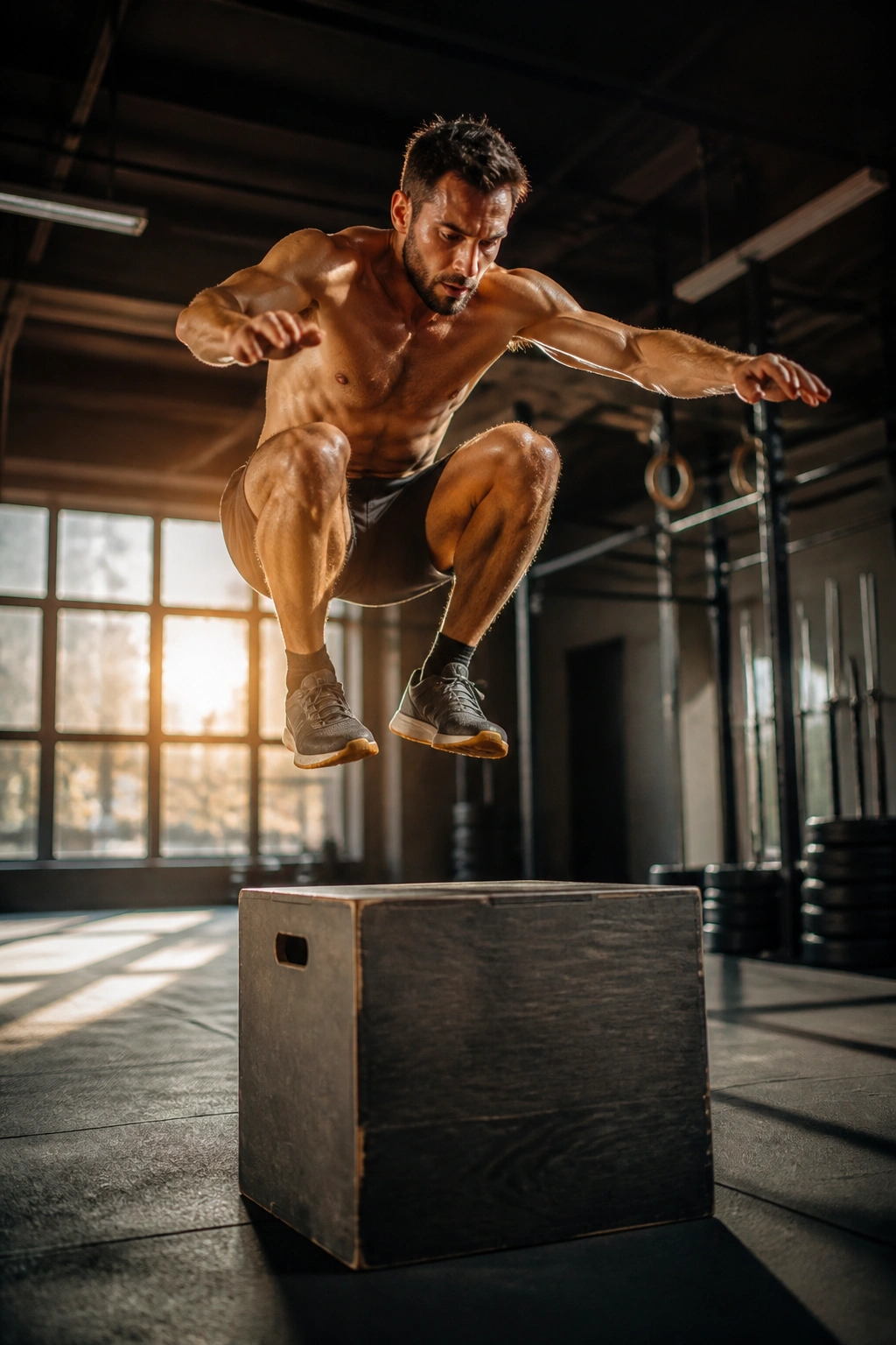 Athlete performing a box jump in a gym during an athletic jump-and-lift session