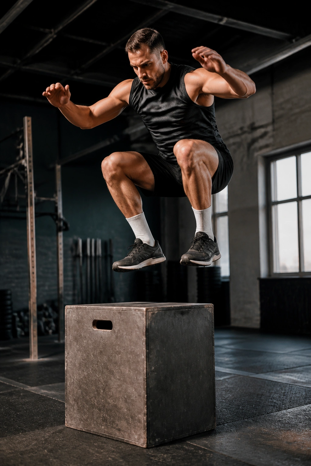 Athlete mid-air performing a box jump in a gym, box visible in background.