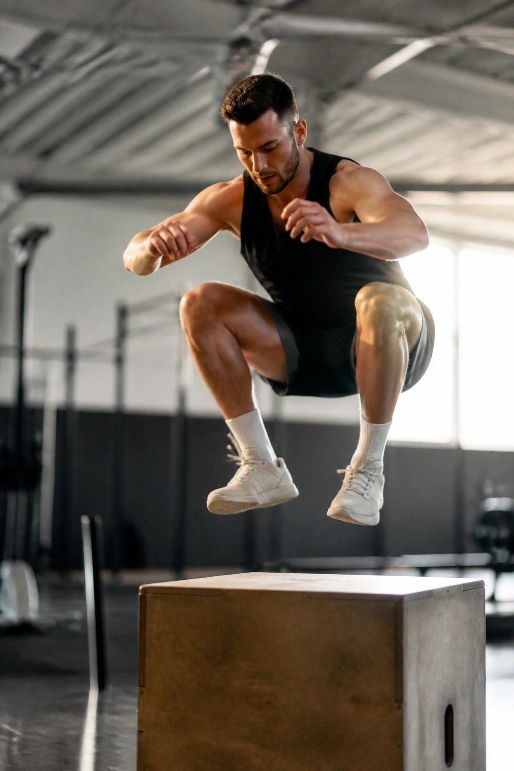 Athlete performing a box jump in a gym showing explosive power