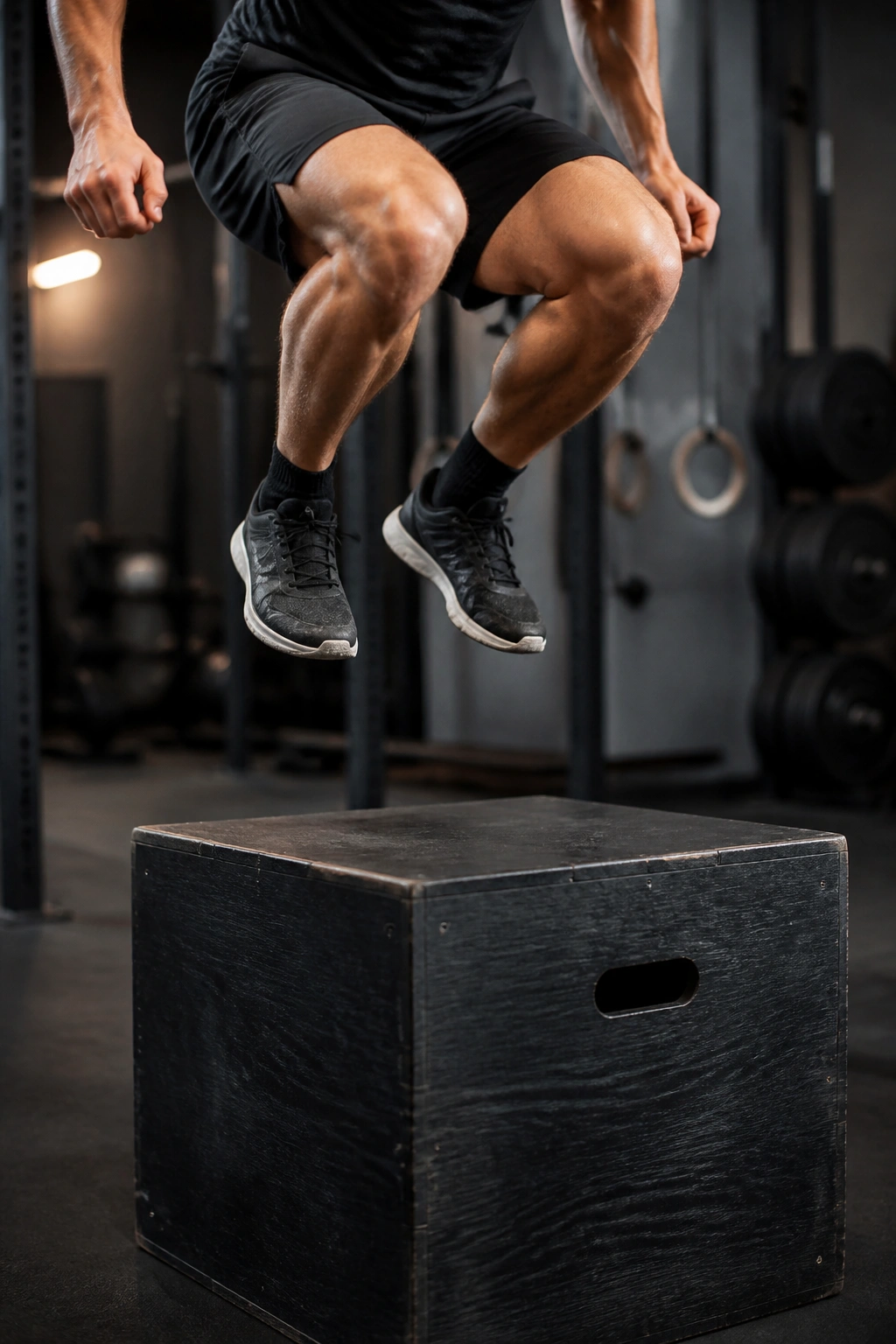 Athlete about to land on a plyometric box during a box jump in gym.