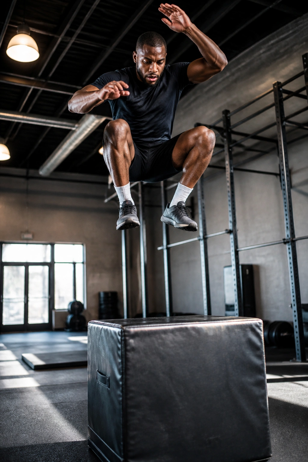 Athlete performing box jump in gym mid-air