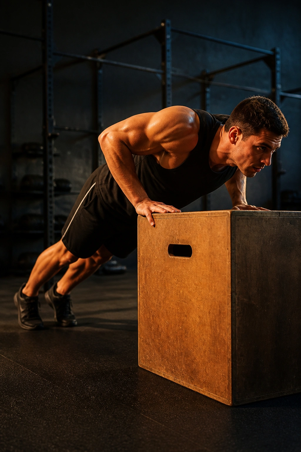 Athlete doing push-up on a box as part of a superset