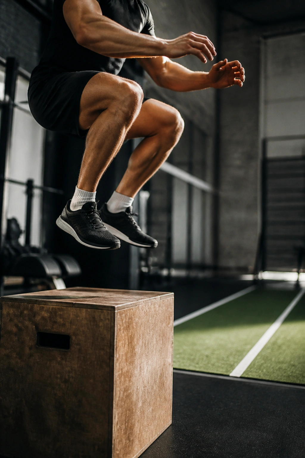 Close-up of athlete mid-air performing a box jump on a plyo box in a gym HIIT session