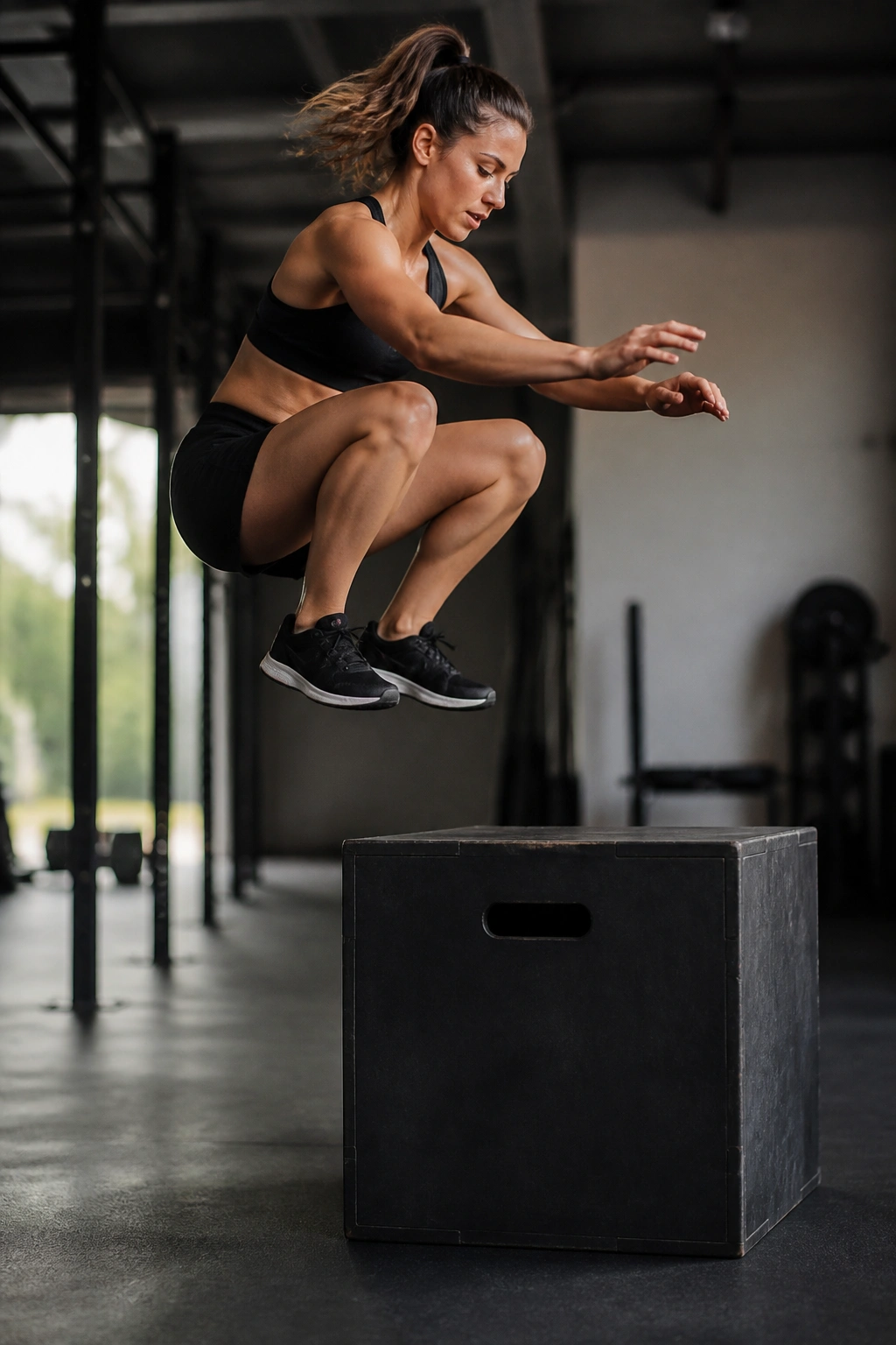 Athlete performing a box jump into a gym box, squats planned in a circuit
