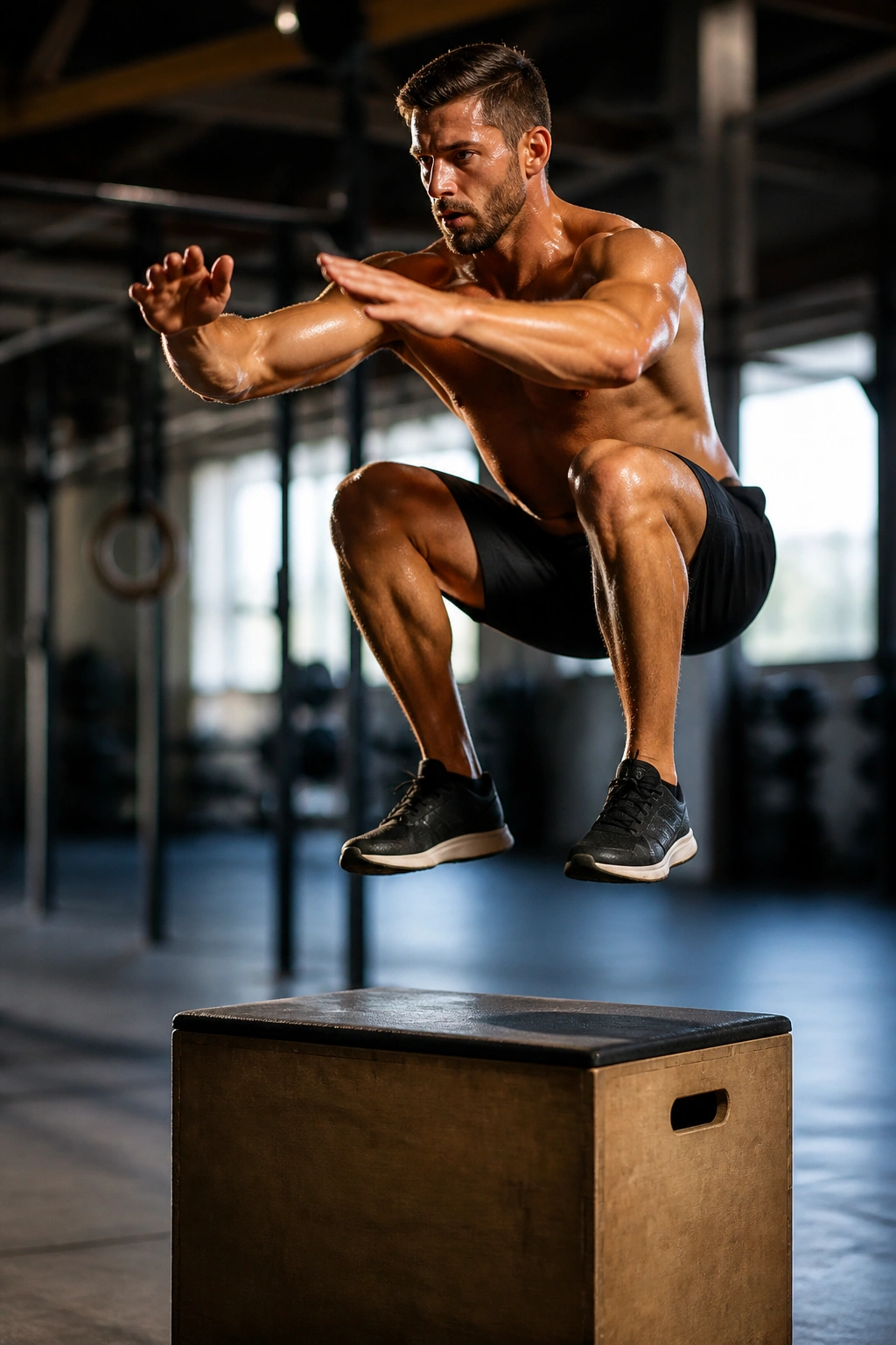 Athlete performing box jump in gym