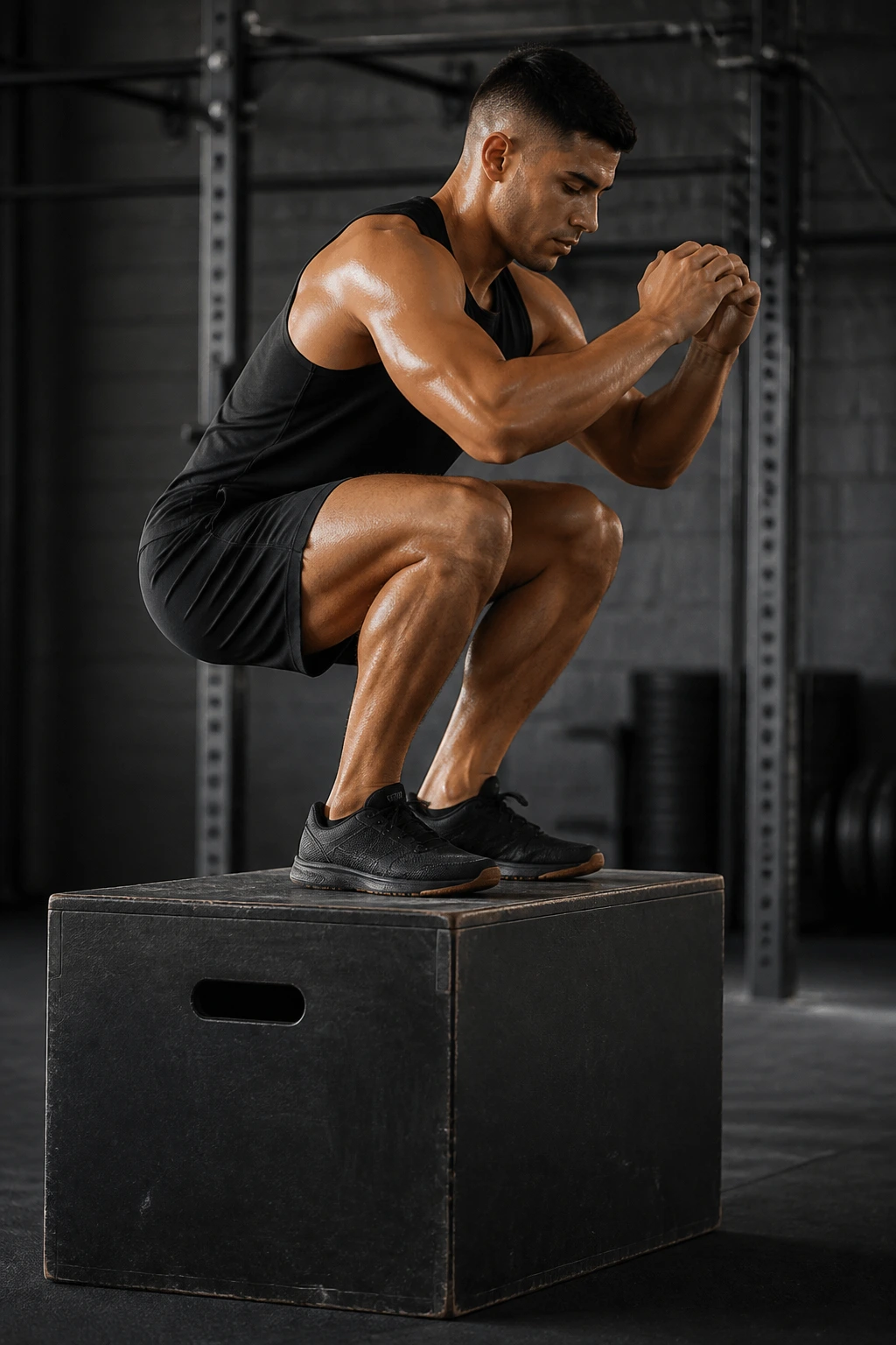 Athlete landing on a plyometric box during a box jump