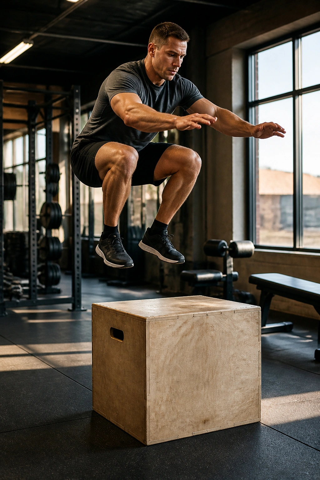 Athlete performing a box jump in a gym with plyo box.