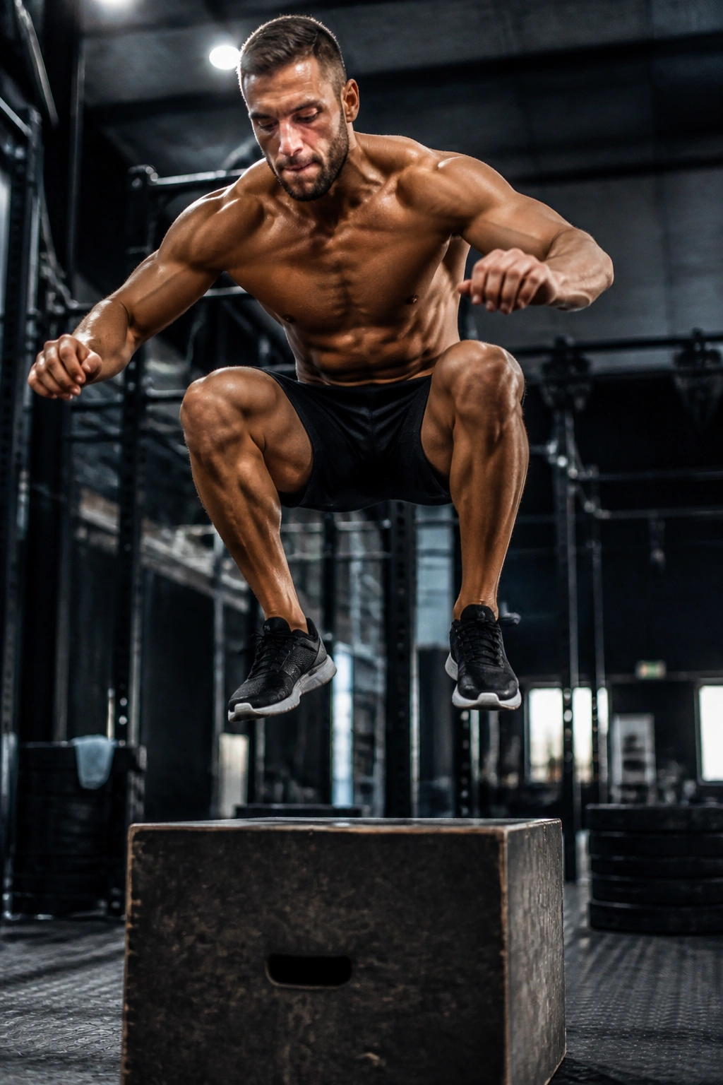 Athlete performing a box jump in a gym, hero subject filling frame