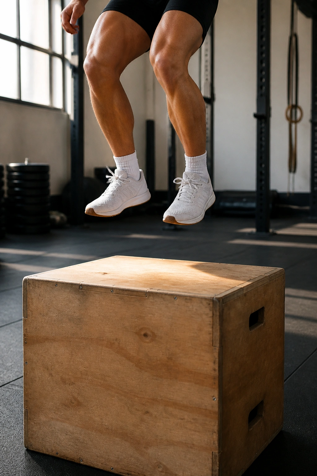 Close-up of an athlete performing box jumps on a plyometric box in a gym