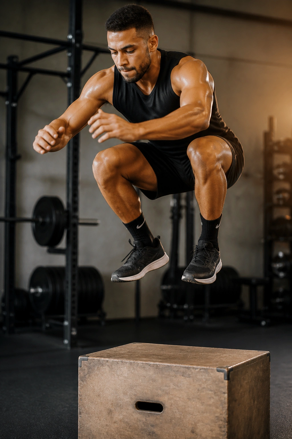 Athlete performing a box jump in a gym with a sturdy plyometric box