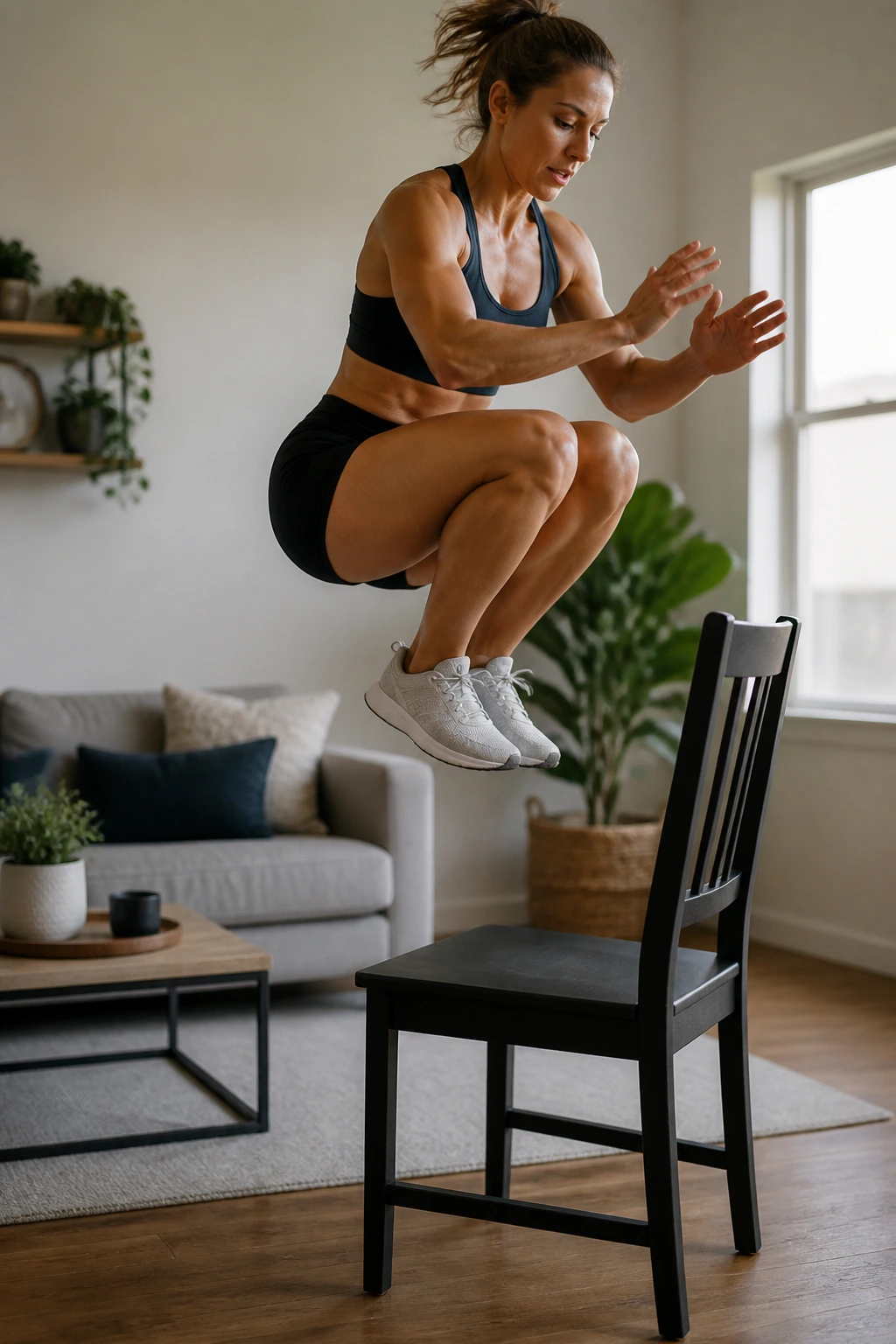 Person performing box jumps onto a chair in a home setting