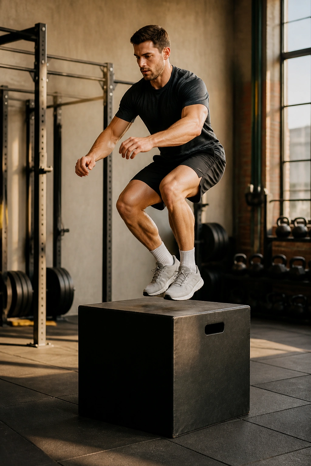 Athlete performing box jump and step-up combo in gym