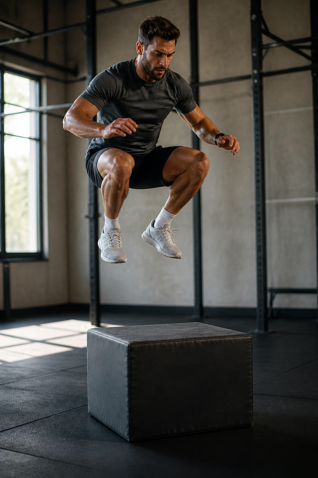 Athlete mid-air performing a box jump in a gym setting.