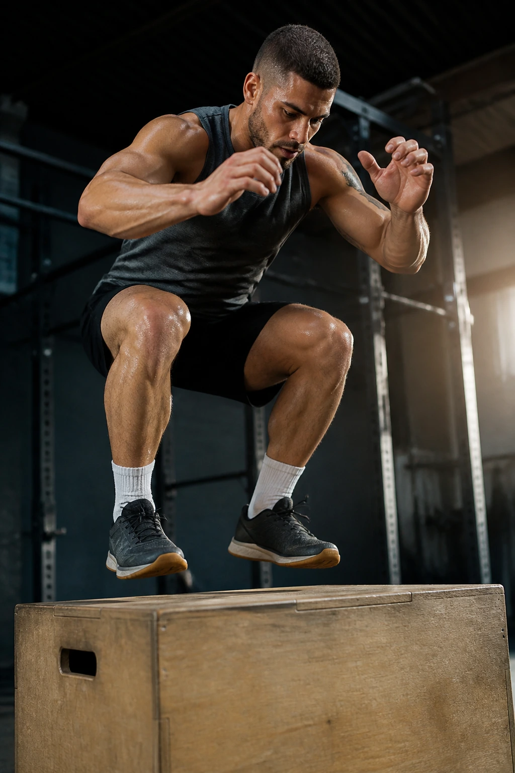 Athlete in mid-air about to land a box jump in gym
