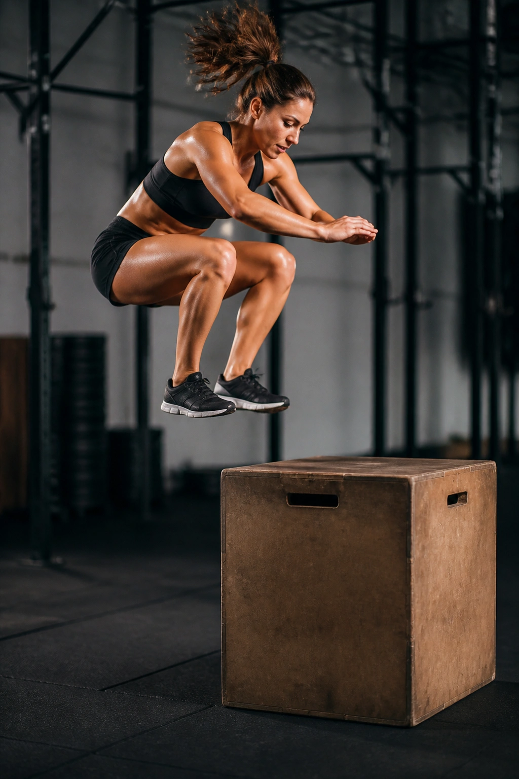 Athlete performing a box jump in gym mid-air
