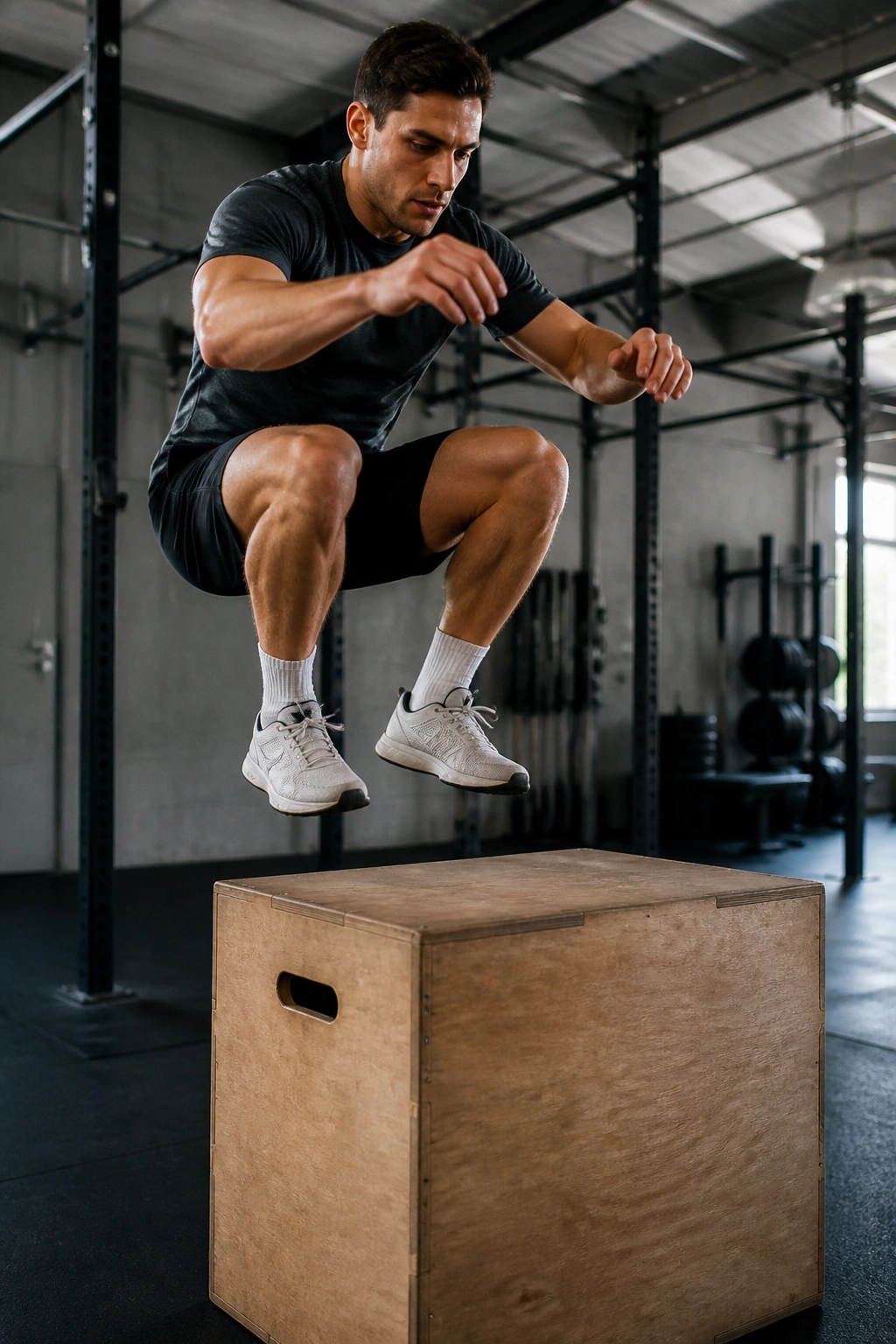 Real person mid-air performing a box jump in a gym