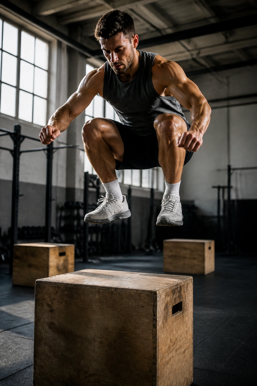 Athlete mid-air about to land a box jump in a gym