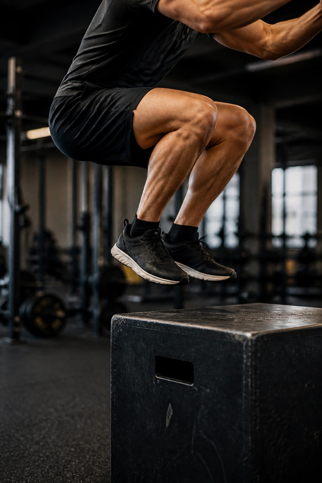 Athlete performing explosive box jump on a plyometric box in a gym
