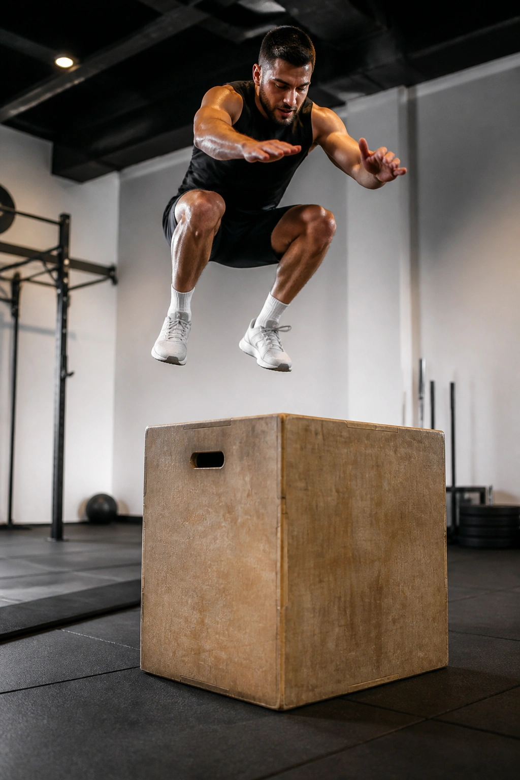 Athlete performing box jump with emphasis on landing and core stability in gym