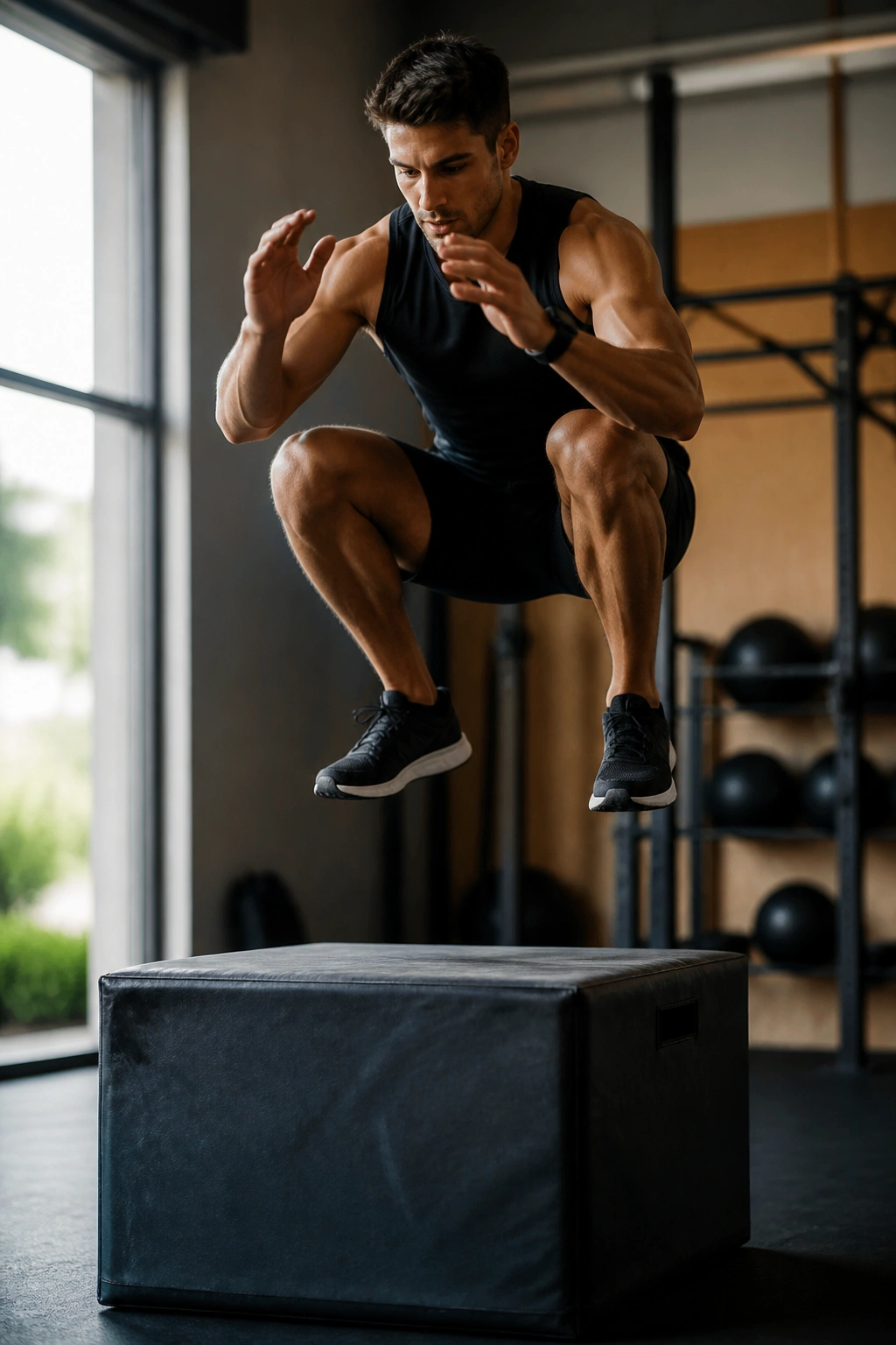 Athlete mid-air performing a box jump in a gym setting.