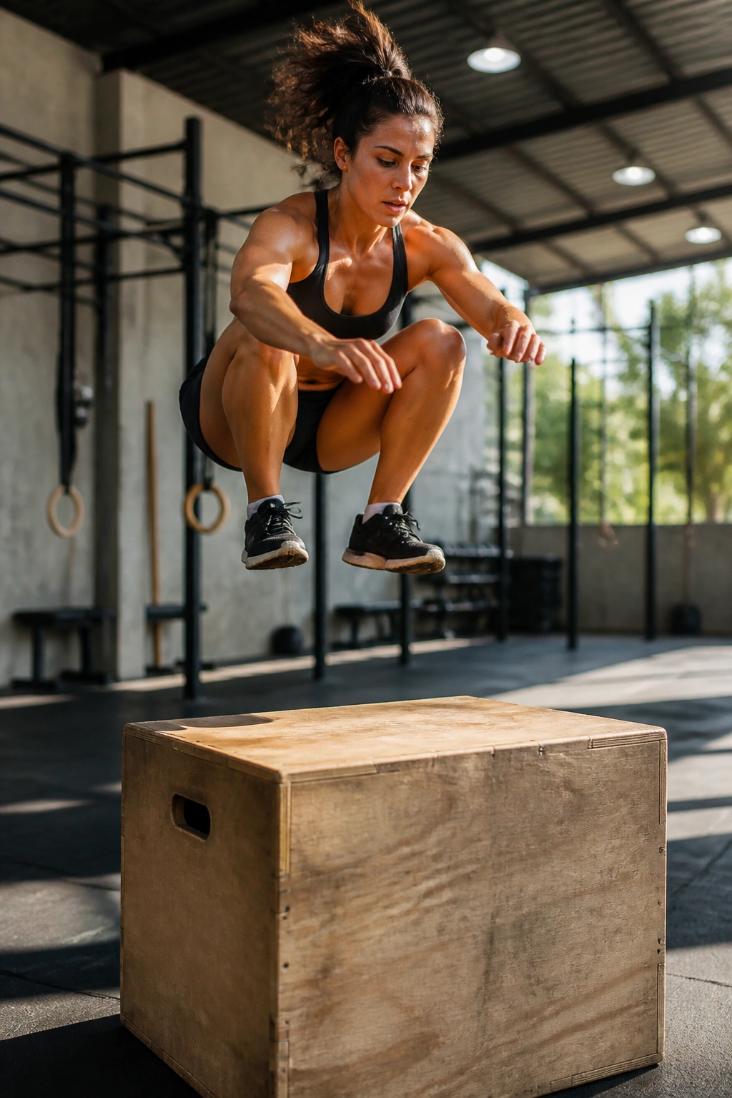 Athlete performing a box jump onto a plyometric box