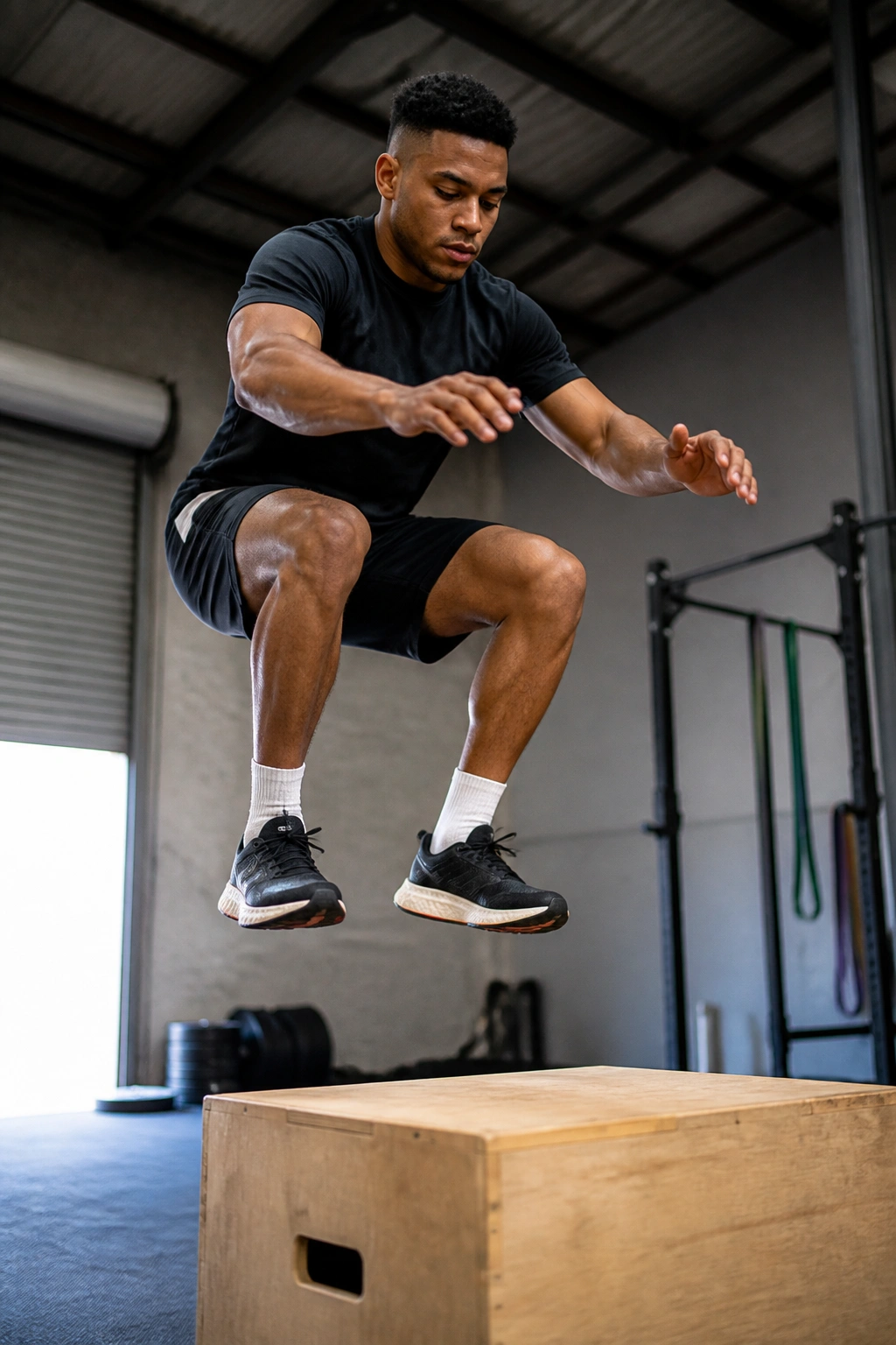 Athlete performing a box jump landing with controlled form