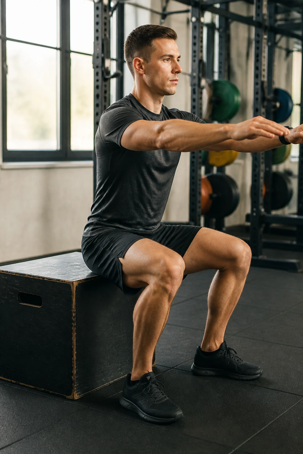 Medium-close shot of lifter performing a box-touch bodyweight squat with box behind in gym